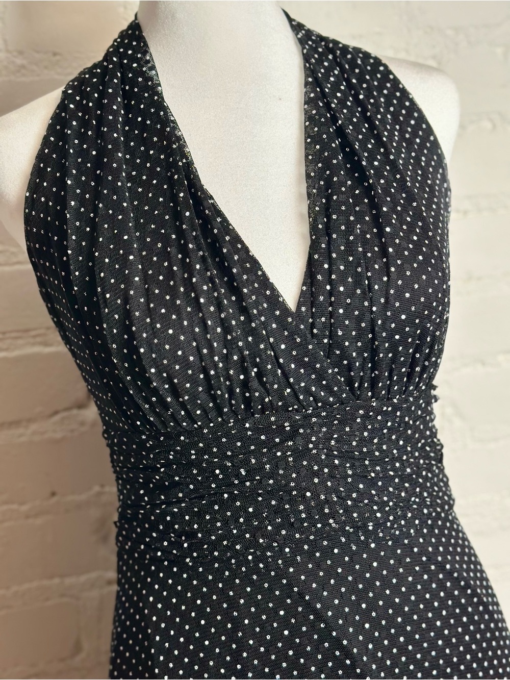 Evan Picone Pinup Vintage Flair Black Polka Dot Halter Neck lacy Dress Size 4